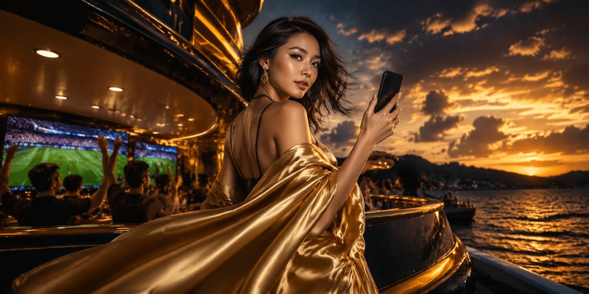 Màn hình slot game hiện đại trên bãi biển Phú Quốc vào buổi chiều tà